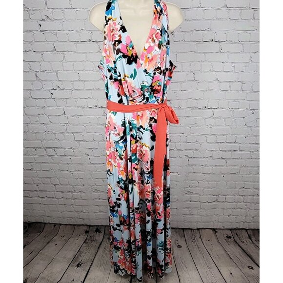 Leslie Fay Multicolor Floral Belted Sleeveless Stretch Maxi Dress Size 14 - Picture 1 of 13